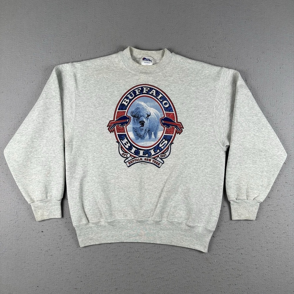Vintage 90s Buffalo Bills Sweatshirt Men's Large Gray Pro Player 1996 Winter Art